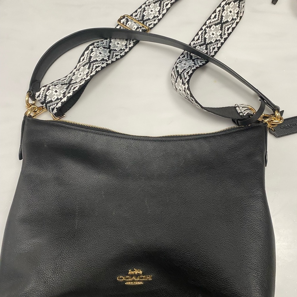 Coach Black Leather Shoulder Bag with Patterned Strap Like New No Flaws
